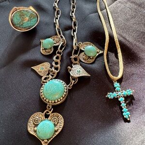 Turquoise and Sterling Silver Jewelry Set (2 necklaces and 1 statement ring)